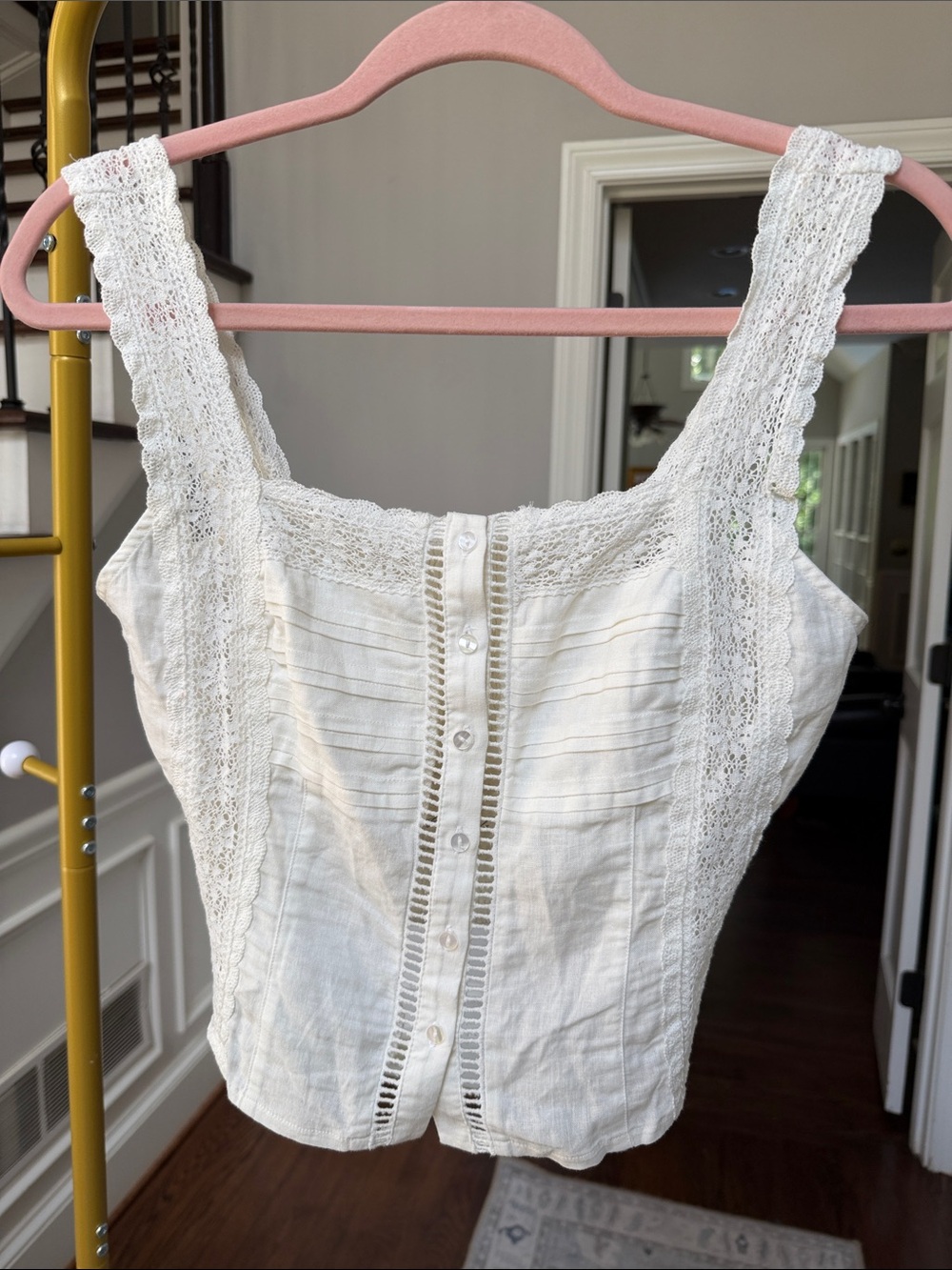 Free People light Cream Lace-Trim Button Front Camisole